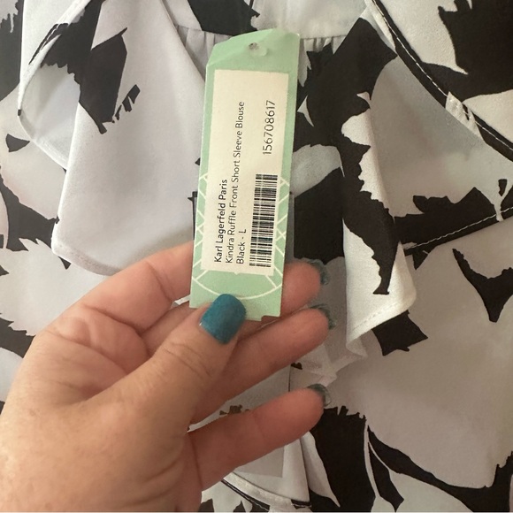 Karl Lagerfeld Paris Kindra‎ Ruffle Front Short Sleeve Blouse Large NWT - Picture 10 of 14